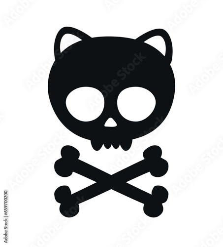 Vector hand drawn flat cat skull with crossed bones silhouette isolated on white background