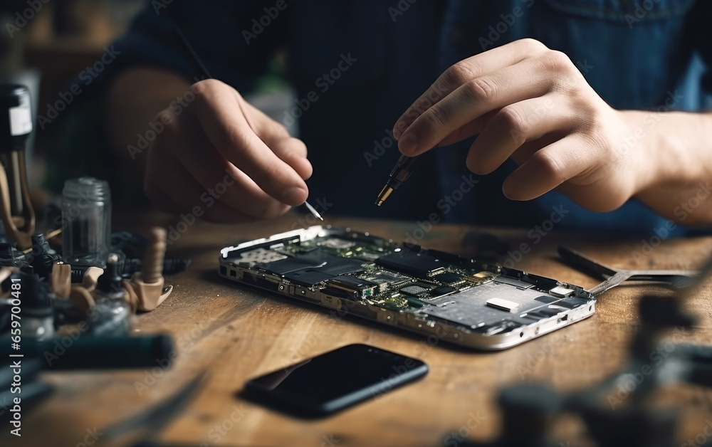 A man repairing a mobile phone on a wooden table A man repairing a mobile phone on a wooden table