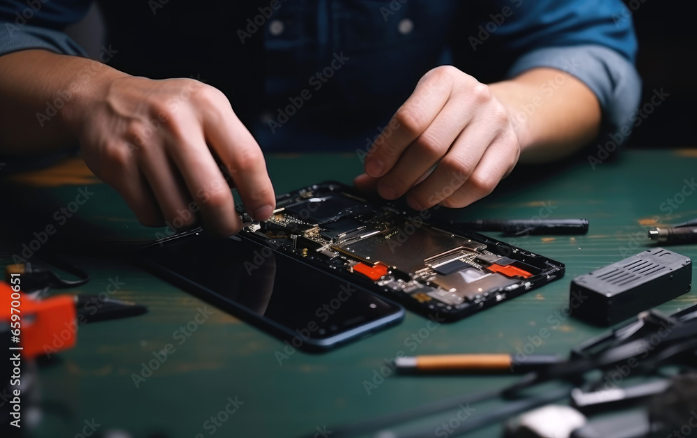 A man repairing a mobile phone on a wooden table A man repairing a mobile phone on a wooden table