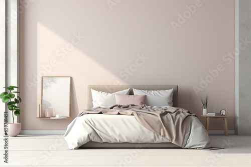 Wide angle view of a teen girl's bedroom with a blank wall © Daisy