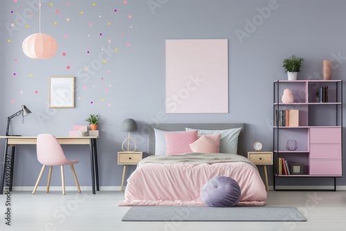 Wide angle view of a teen girl s bedroom with a blank wall