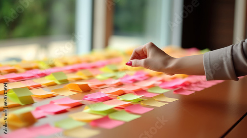 Web designer is working with brainstorming board full of sticky note from colleague 