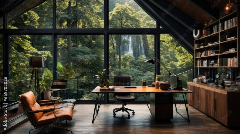 office with a large window through which you can see the forest - obrazy, fototapety, plakaty 
