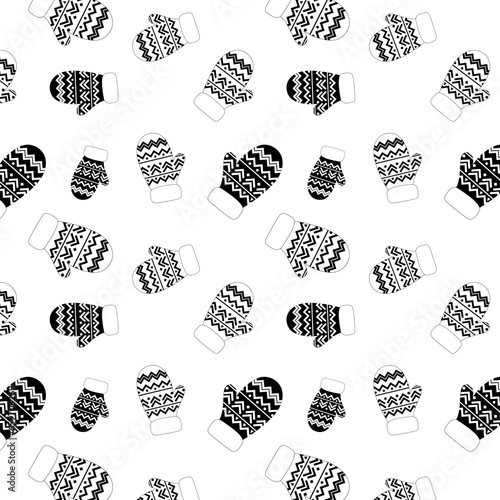 Seamless pattern with warm clothes, gloves, knitted accessories, Christmas patterns, New Year. Winter mittens background in black and white christmas colors.