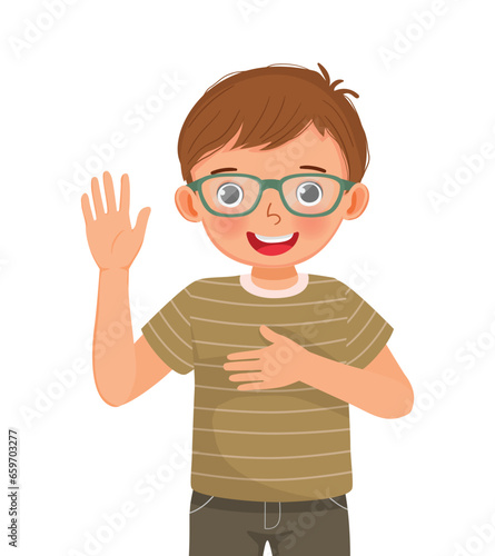Cute little boy swearing making an oath promising with hand on his chest and raising opened palm 