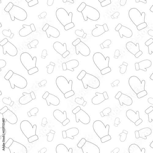 Seamless pattern with warm clothes, gloves, knitted accessories, Christmas patterns, New Year. Winter mittens background in black and white coloring christmas colors.