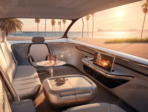 autonomous driving vehicle in at the beach in afternoon light. photorealistic view from inside the vehicle showing a luxurious interior, modern color grade, Generative AI