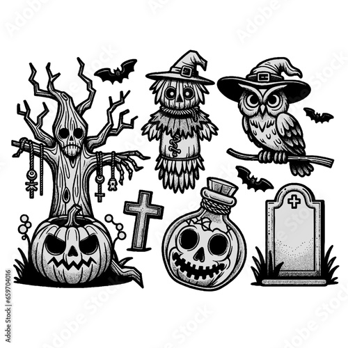 halloween icon set | Vector illustration of scary tree, pumpkin, owl with witch hat, crypt scarecrow and posion