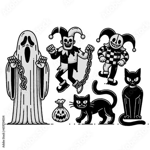 Black and white cats | Ghost with chains, harlequins vector