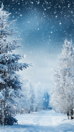 Christmas tree in snow in winter forest.