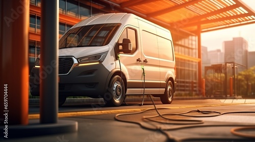 Electric work van plugged in at charging station. Generative AI