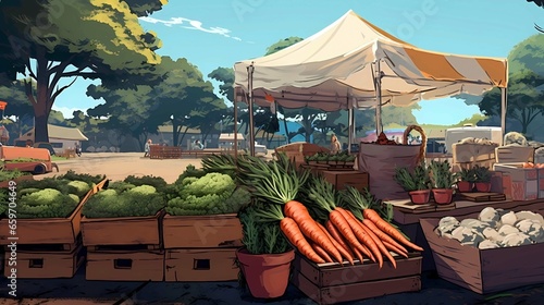 Illustration of a market stall with fresh vegetables in the countryside  Generative AI illustrations.