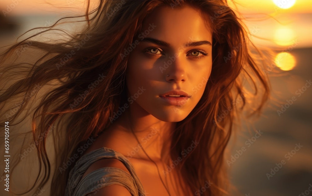 Stunning photography of a beautiful woman in a dress against the backdrop of a golden sunset on a pristine beach Stunning photography of a beautiful woman in a dress against the backdrop of a golden sunset on a pristine beach