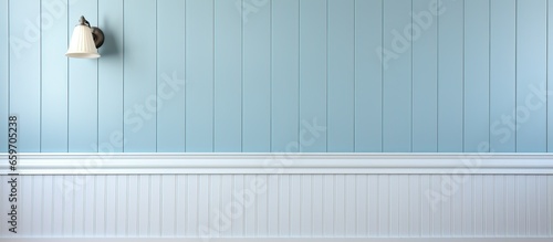 Silver hooks on white wainscoting against light blue walls with no items hanging photo