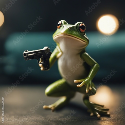 Frog with a gun in his hand on a dark background.