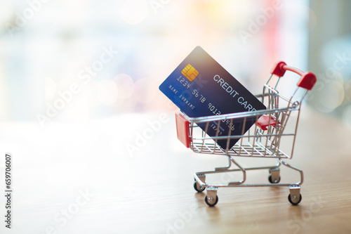 shopping cart, credit card, shopping, Online shopping, copy space, space for text, background.