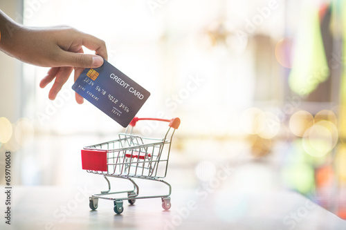 shopping cart, credit card, shopping, Online shopping, copy space, space for text, background.