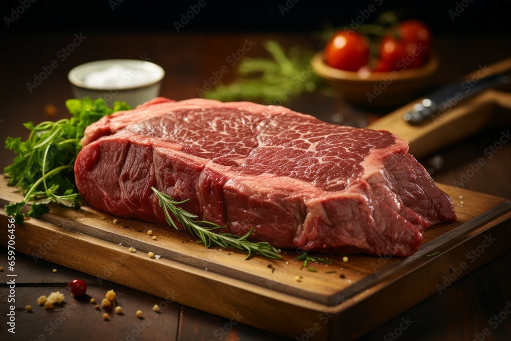 Appetizing fresh meat on a cutting board. Background with selective focus and copy space