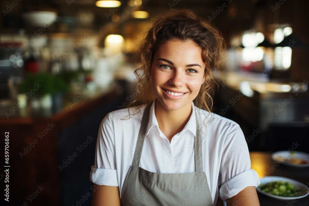 Female cook with happy emotion. Portrait with selective focus and copy space Female cook with happy emotion. Portrait with selective focus and copy space