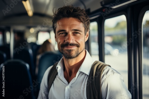A man on public transport. Portrait with selective focus and copy space