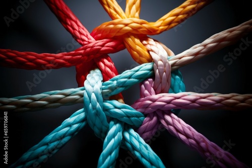 Different ropes are woven into a knot. Teamwork concept. Background with selective focus and copy space