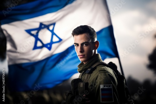 Leinwand Poster Military intelligence officer against the background of the flag of the State of Israel