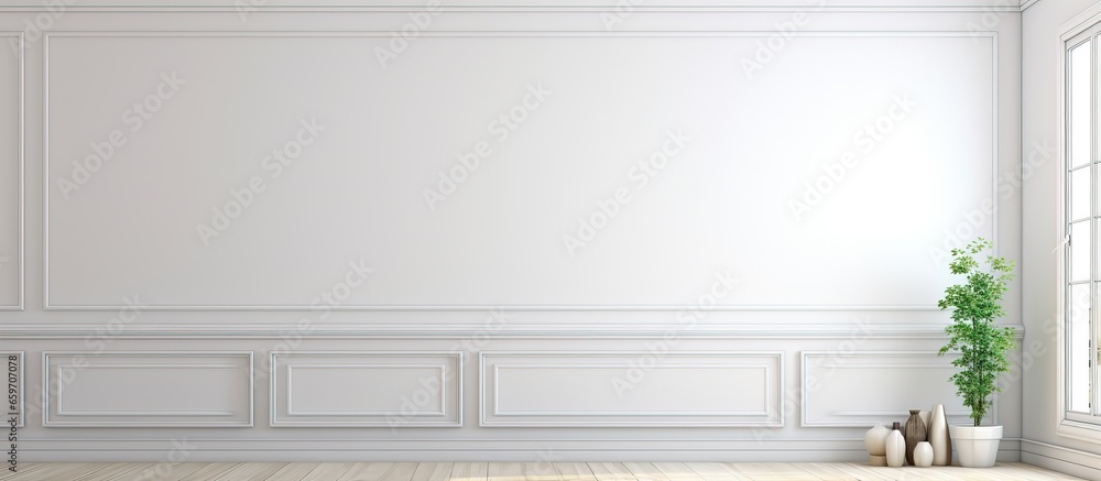 Scandinavian inspired illustration shows a white room devoid of furniture Scandinavian inspired illustration shows a white room devoid of furniture