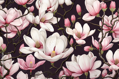 AI Seamless background pattern. Abundance magnolia in burgundy and red tones in Full Bloom pattern flowers and leaves. Horizontal format.