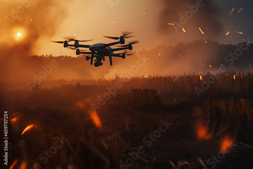 Concept. A drone with explosives flies over the city, followed by flames from the explosions.