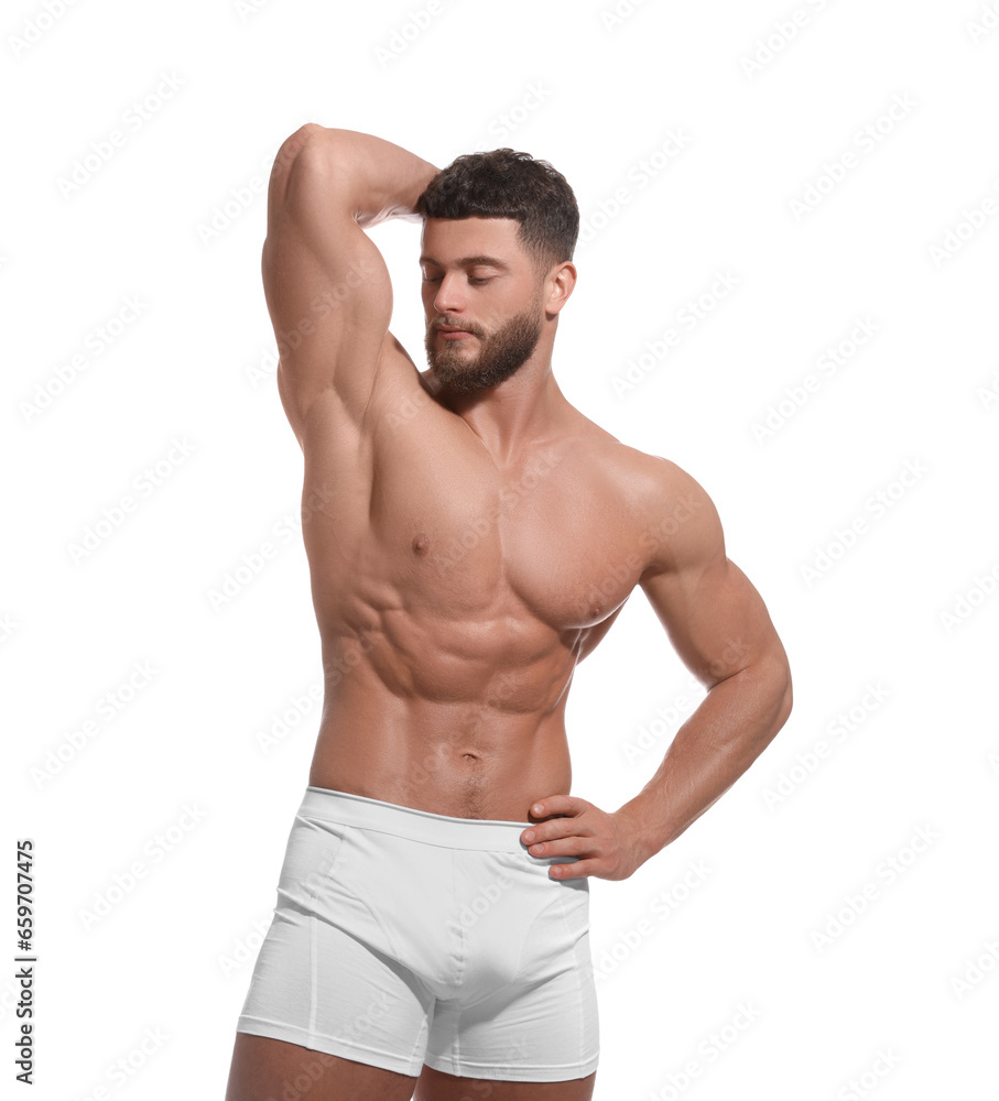 Handsome muscular man isolated on white. Sexy body Handsome muscular man isolated on white. Sexy body