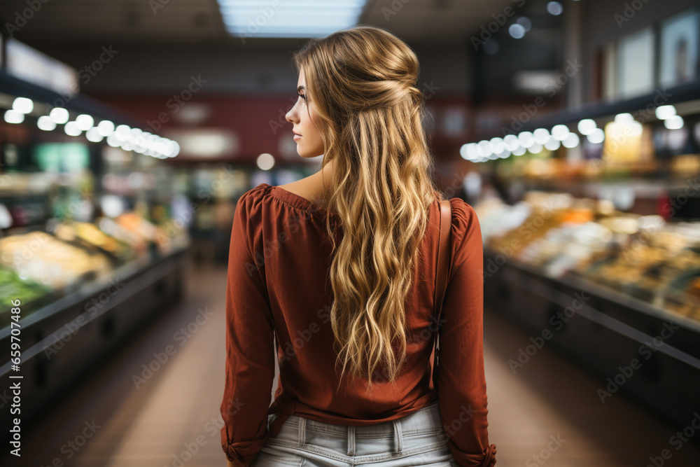a photo of a beautiful young american woman shopping in supermarket and buying groceries and food products in the store. a photo of a beautiful young american woman shopping in supermarket and buying groceries and food products in the store.