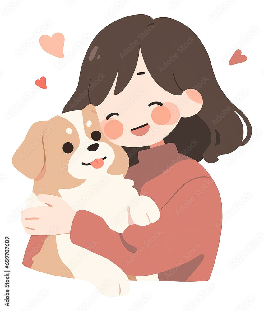 Woman hugs her dog with love cartoon illustration isolated. Woman hugs her dog with love cartoon illustration isolated.