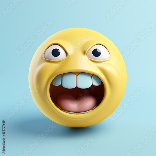 AI . Realistic Yellow Glossy 3d Emotions face happy smile, frustration, shouting. Yellow on the blue background. Vector illustration