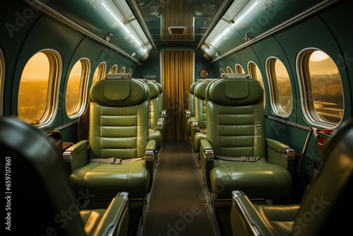 Empty aircraft seats and light shine porthole windows.  © artpritsadee