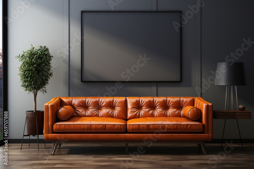Frame gallery mockup in modern living room interior with leather sofa, minimalist industrial style. 