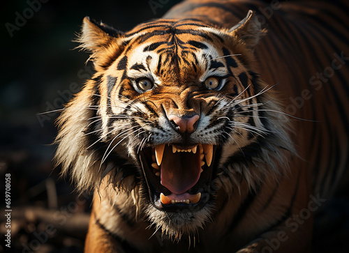 portrait of tiger face roaring close up. 