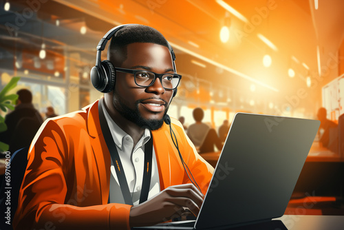Telemarketer, sales agent on the phone wears a wireless headset, talks, consults an online customer on a computer, an African man hotline operator works in a customer support office. 