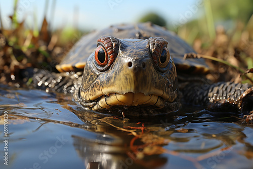 Turtle poke sit shed out of the water pond daylight.  © artpritsadee