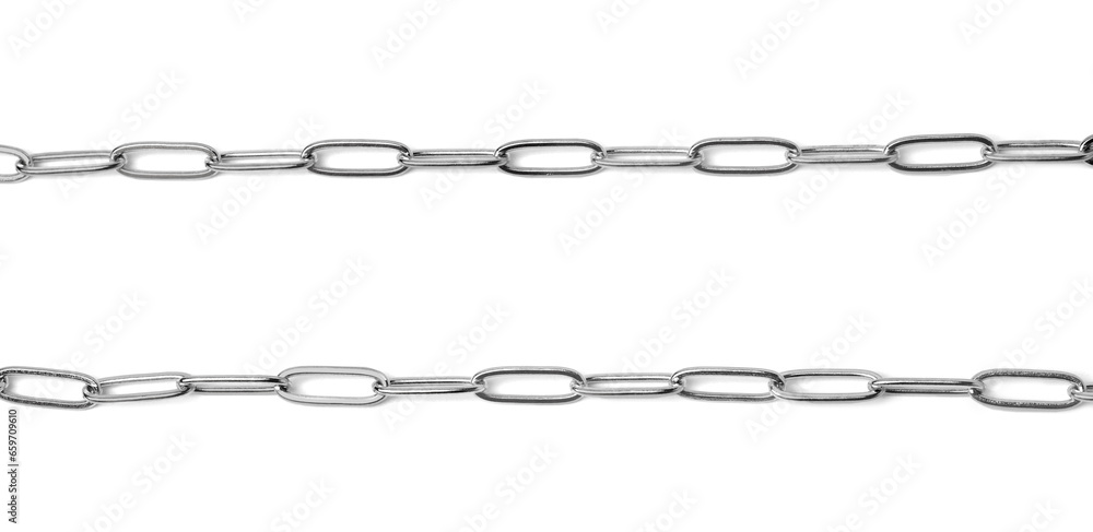 Metal chains isolated on white, top view. Luxury jewelry Metal chains isolated on white, top view. Luxury jewelry