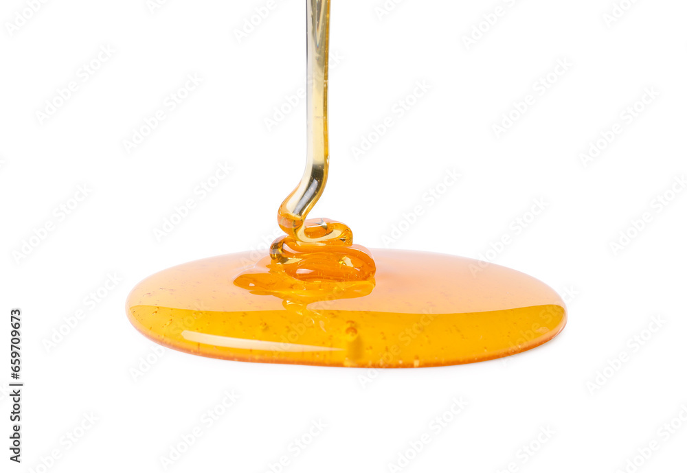 Pouring tasty natural honey isolated on white Pouring tasty natural honey isolated on white