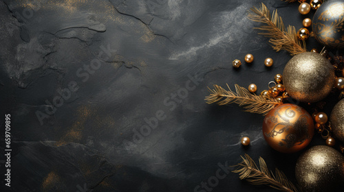 Christmas decorations with balls and golden branches on black background. christmas and new year concept. top view.