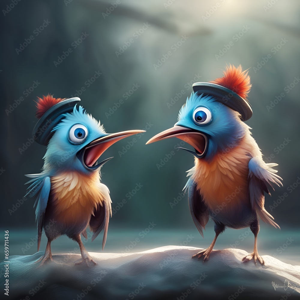 Fototapeta premium funny little blue cartoon birds, screeming 