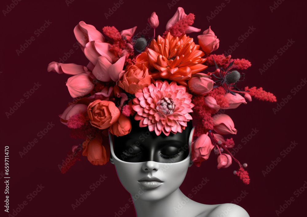 Woman's face covered by a vase of bright red and pink flowers — Collage style editorial magazine photography — Strong fashion statement
