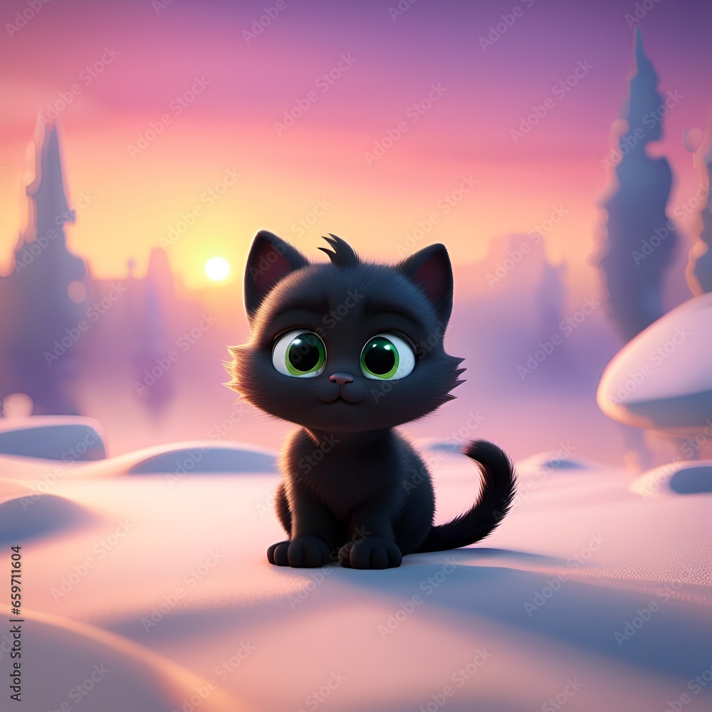 black little cartoon cat, in the snow at sunset