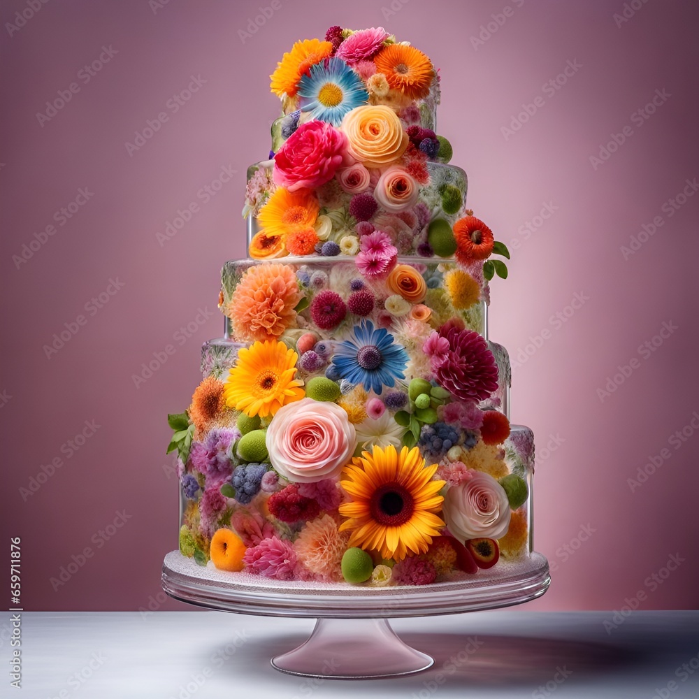 Transparent wedding cake covered in colourful summer flowers