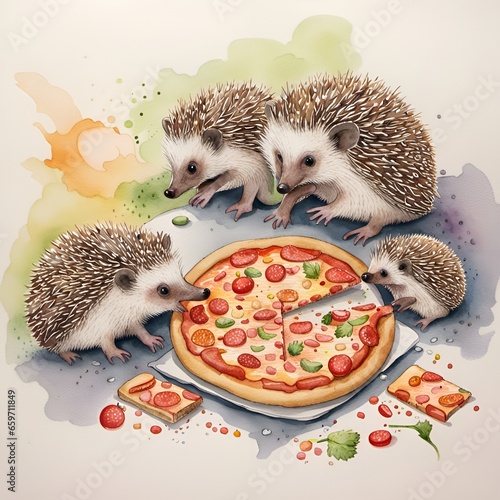 hedgehogs family sharing a pizza, watercolour image