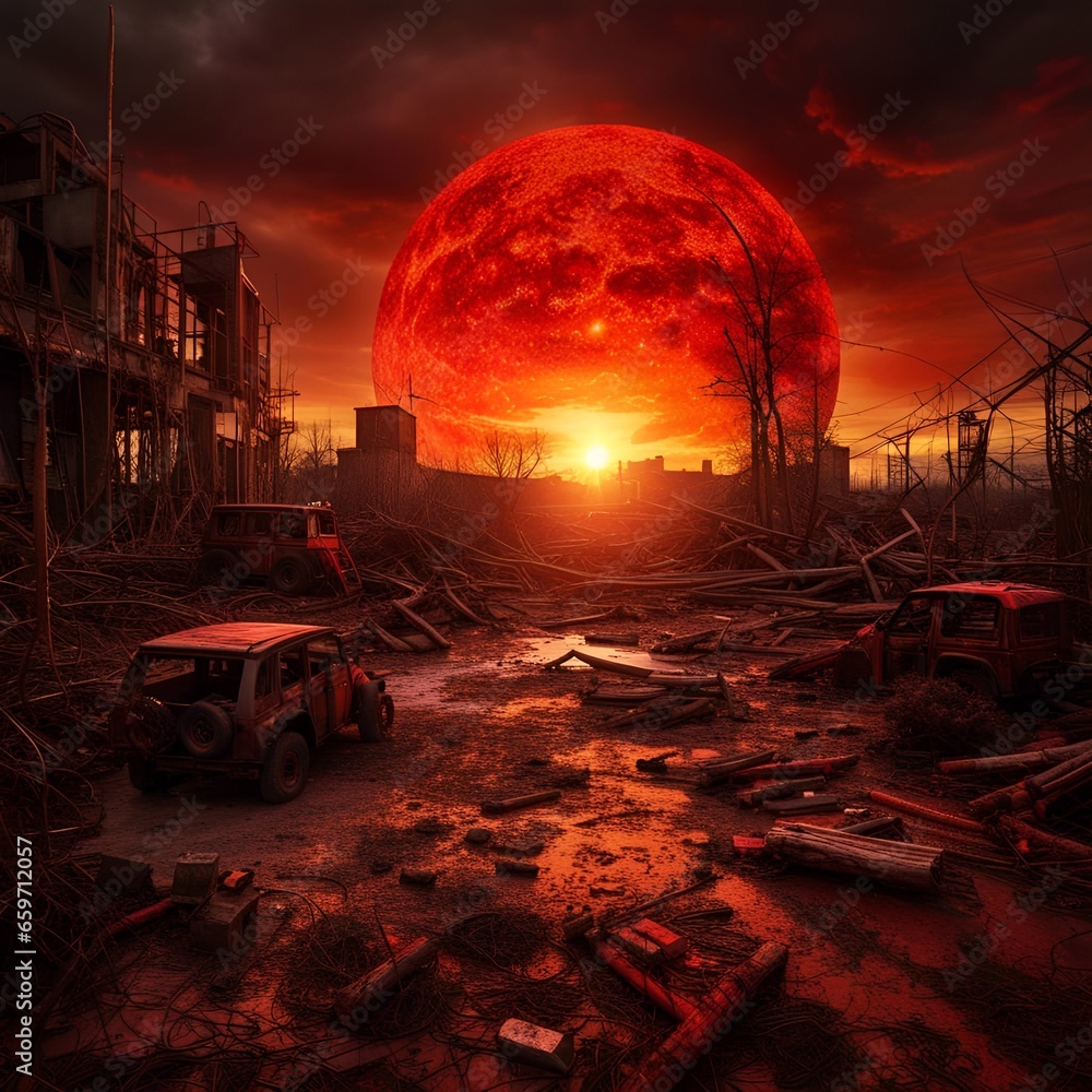 post apocalyptic world, with oversized burning red sun over old city in decay