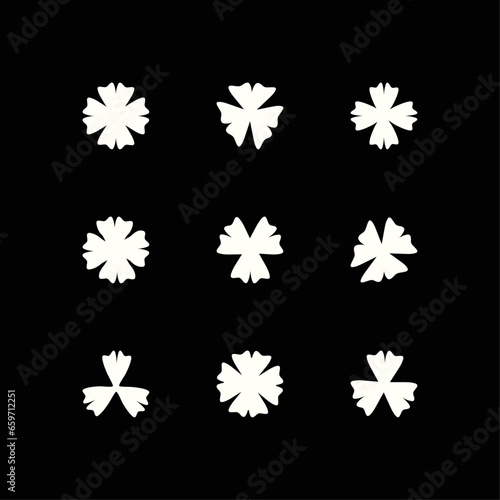 Set of clover icon with three and four petals White shamrock plant isolated on black background Saint Patrick day Floral decoration elements Good luck charm Vector collection