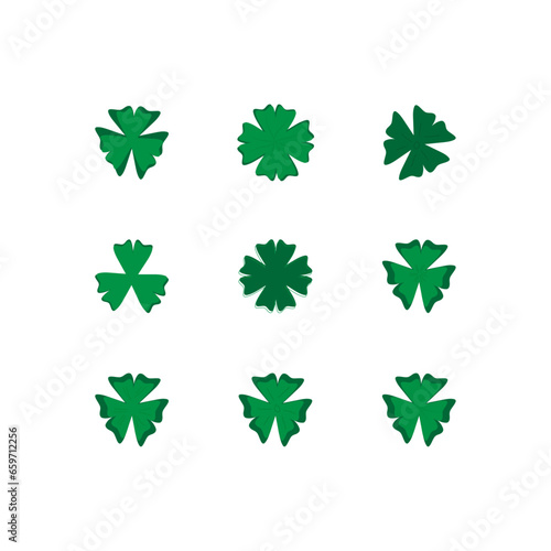 Set of clover icon with three and four petals Green shamrock plant isolated on white background Saint Patrick day Floral decoration elements Good luck charm Vector collection