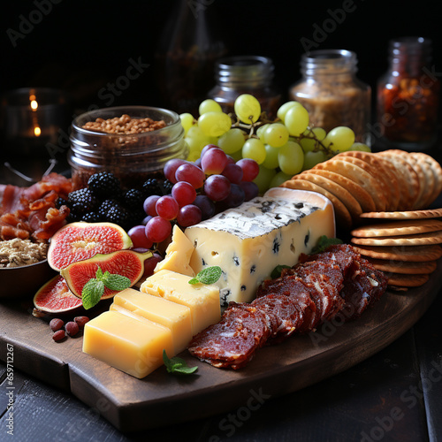 Charcuterie board with  cheese, crackers, sausage, fruits and butter